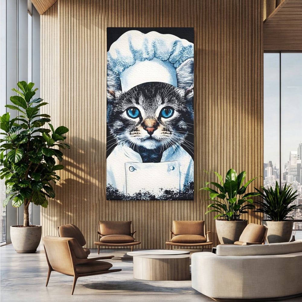 Tablou canvas cu tablou canvas cu pisica bucatar, fara rama, pe sasiu de lemn, pe perete intr-un birou
